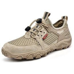 Men's Summer Leather Breathable Outdoor Sports Casual Shoes Non-slip Soft-soled Mesh Surface Hiking Shoes (Option: Khaki-38)