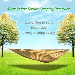 Portable and durable compact nylon fabric two-person travel camping hammock (Color: brown)